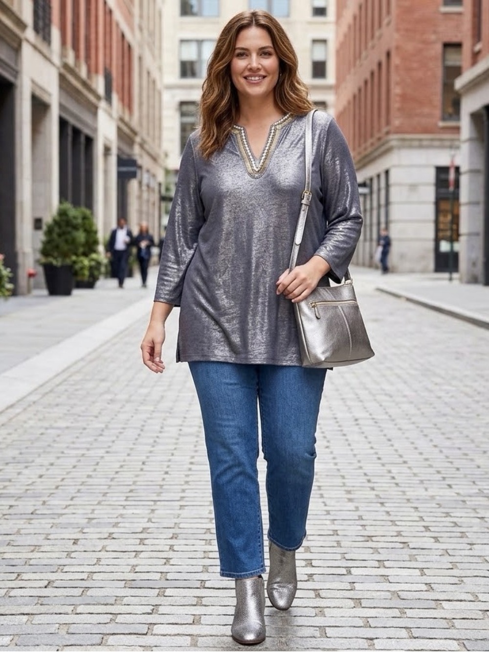 NWT Chicos 100% Linen Silver Foil Embellished Beaded Tunic size 4 (XXL)